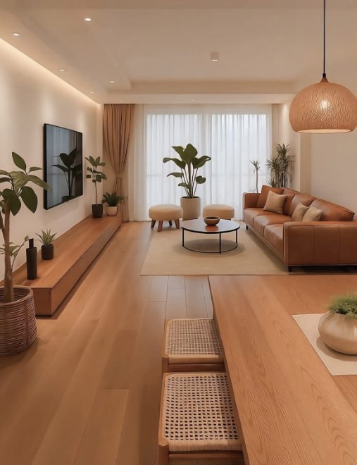 Warm modern rental condo living room